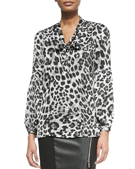 michael kors leopard print tie neck blouse|Michael Kors Leopard Print Blouse with Collar Tie .